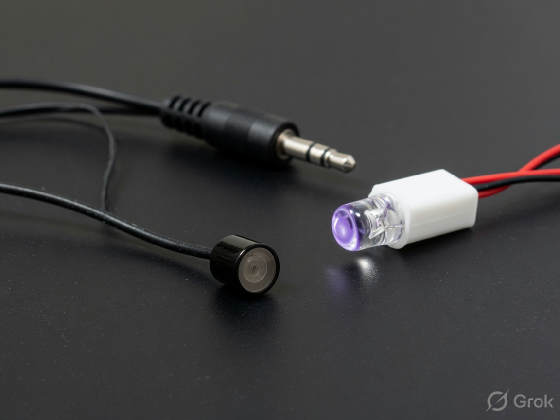 IR repeater kit: 3.5mm plug, small black IR eye, and a white blaster LED